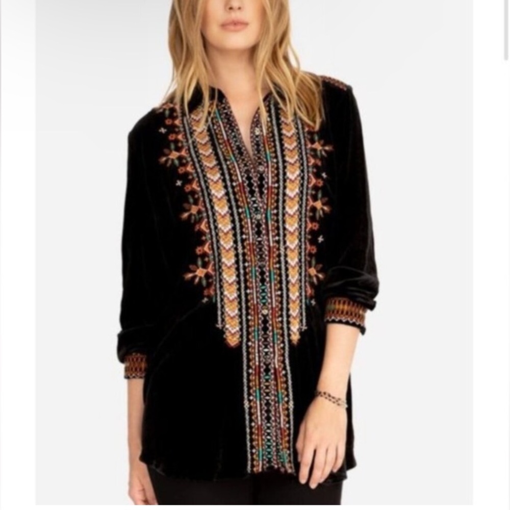 Johnny Was Black Orange Chiri Embroidered Button-Front Velvet Shirt Tunic Large